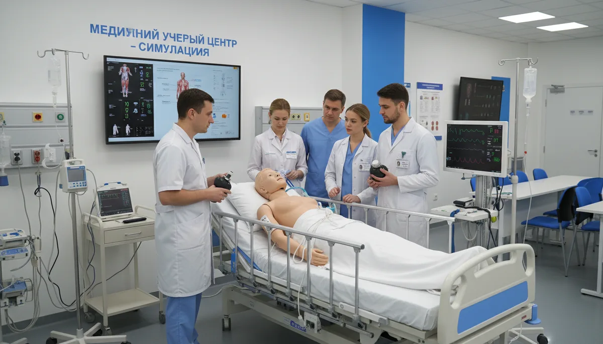 Симуляционный медицинский тренинг, манекен пациента, группа врачей, учебный центр