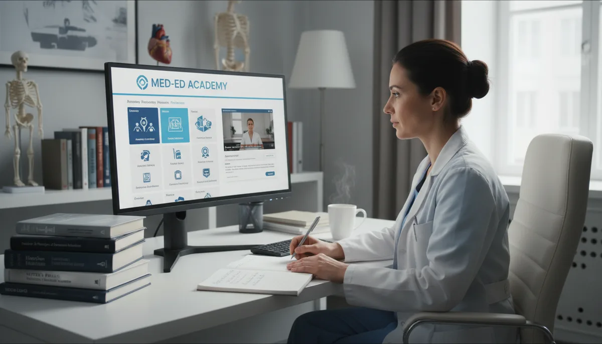 Врач за компьютером, экран с образовательной платформой, медицинские учебники на столе