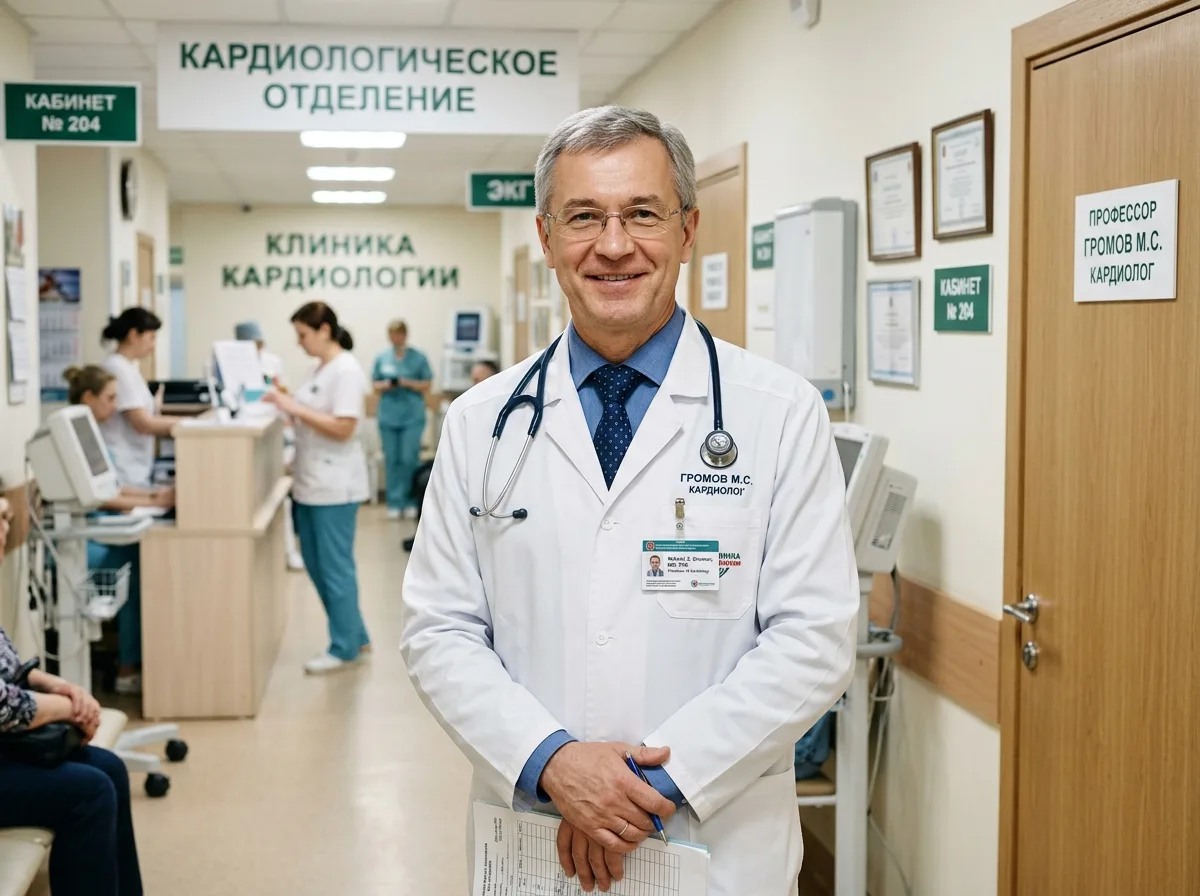 Профессор кардиологии Михаил Сергеевич Громов, мужчина 55 лет в белом халате, портрет в клинике