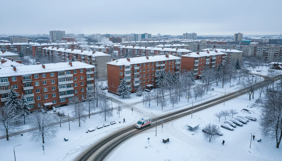 зимний городской пейзаж с видом на жилые кварталы, медицинский автомобиль на дороге