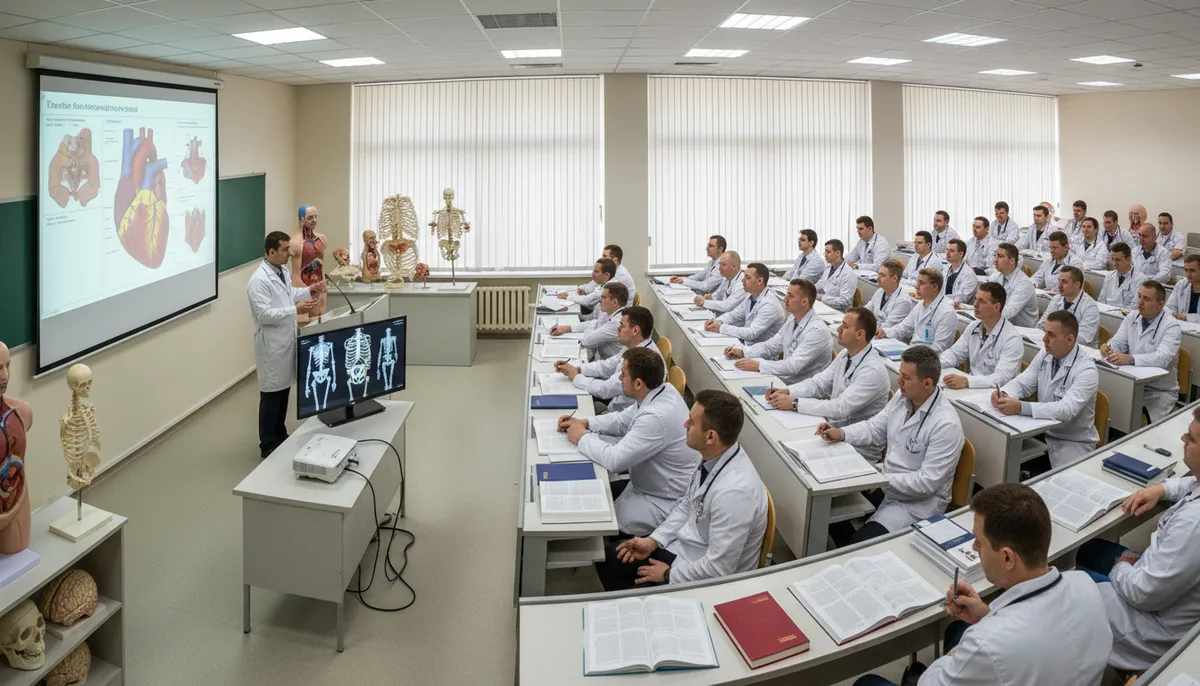 медицинская аудитория, врачи в белых халатах, учебные пособия, проектор